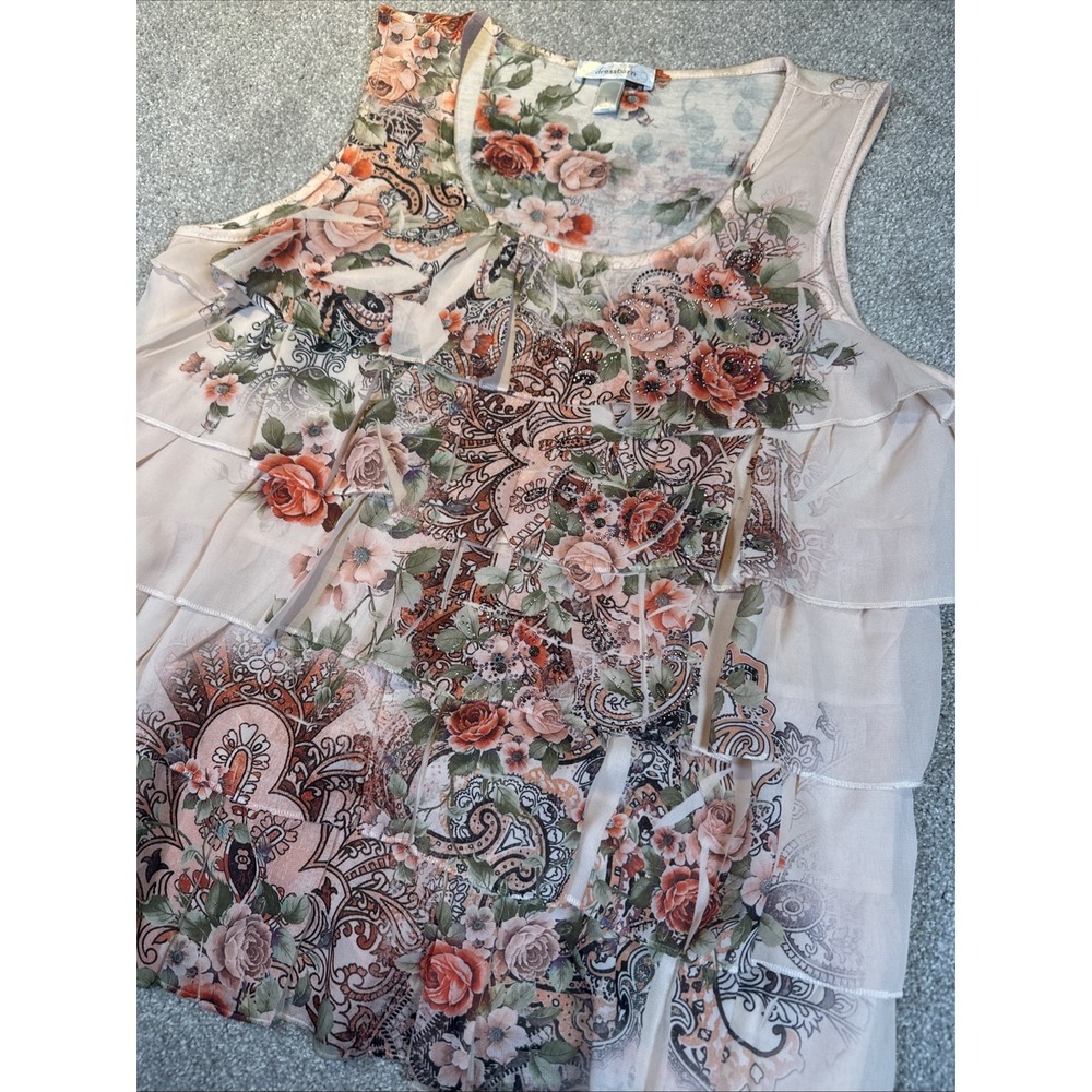 Dressbarn Tank Top L Pink Studs Floral Sleeveless Light Layered Roses Bling Larg